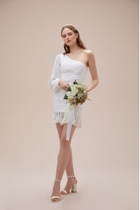 White one-shoulder short chiffon mini wedding dress TB1385