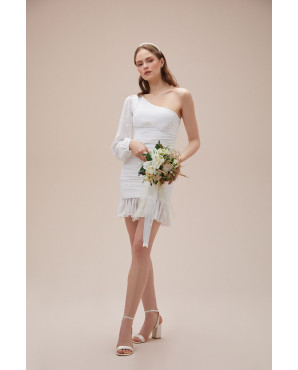 White one-shoulder short chiffon mini wedding dress TB1385