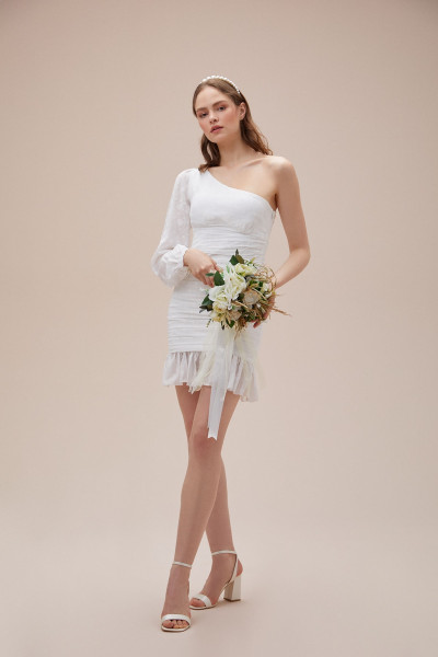 White one-shoulder short chiffon mini wedding dress TB1385 White one-shoulder short chiffon mini wedding dress TB1385
