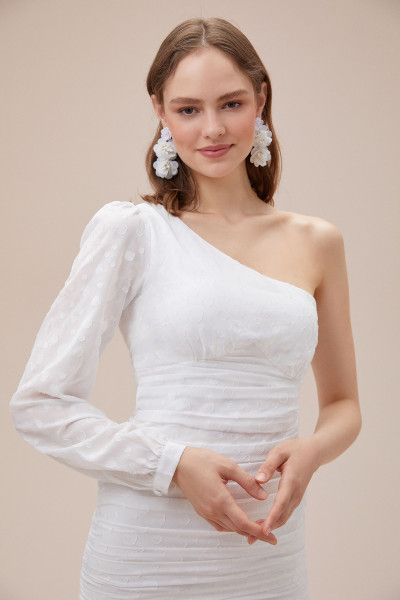 White one-shoulder short chiffon mini wedding dress TB1385