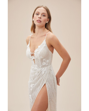 Slim fit wedding dress with thin straps, deep neckline, and lace appliques TB1463