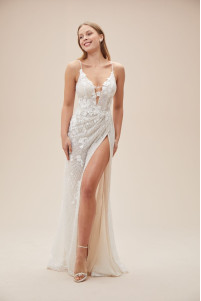 Slim fit wedding dress with thin straps, deep neckline, and lace appliques TB1463