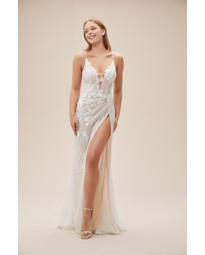 Slim fit wedding dress with thin straps, deep neckline, and lace appliques TB1463