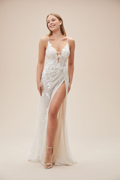 Slim fit wedding dress with thin straps, deep neckline, and lace appliques TB1463