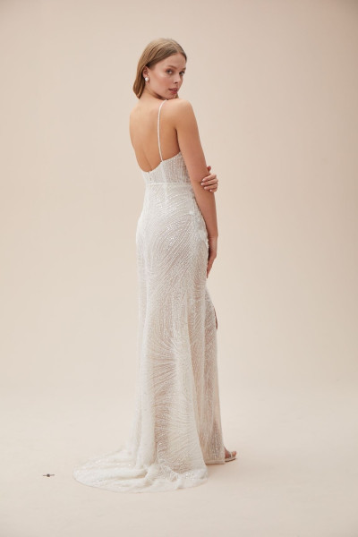 Slim fit wedding dress with thin straps, deep neckline, and lace appliques TB1463