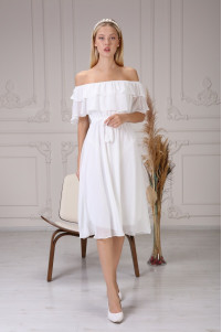 White chiffon dress with Carmen neckline and belt TB1488