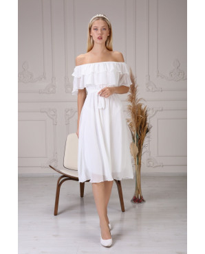 White chiffon dress with Carmen neckline and belt TB1488