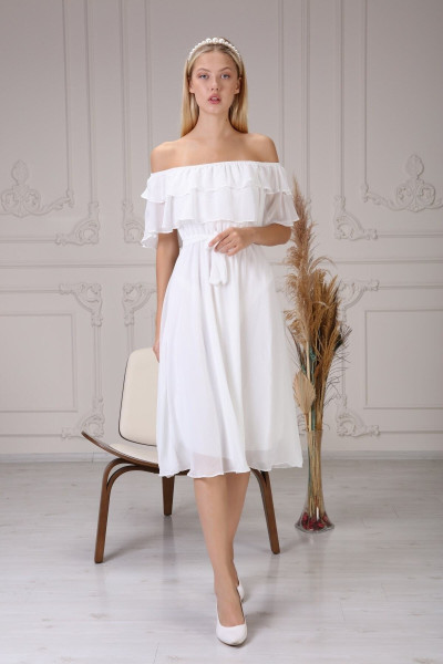 White chiffon dress with Carmen neckline and belt TB1488 White chiffon dress with Carmen neckline and belt TB1488