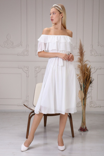 White chiffon dress with Carmen neckline and belt TB1488