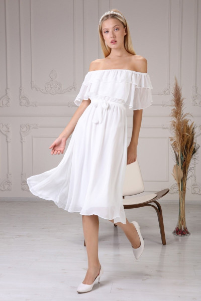 White chiffon dress with Carmen neckline and belt TB1488