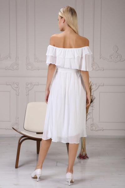 White chiffon dress with Carmen neckline and belt TB1488