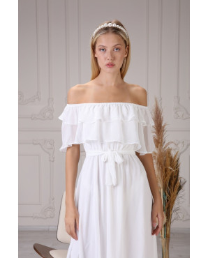 White chiffon dress with Carmen neckline and belt TB1488
