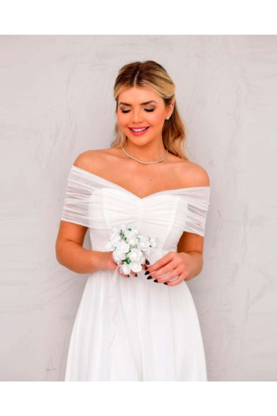 White midi-length evening dress, wedding dress TB1504