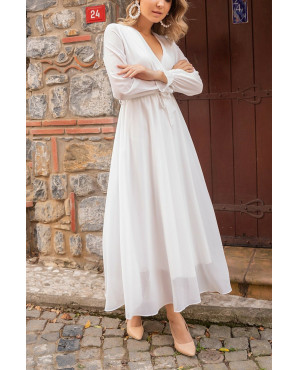 White long wrap collar envelope chiffon plus size dress TB1490