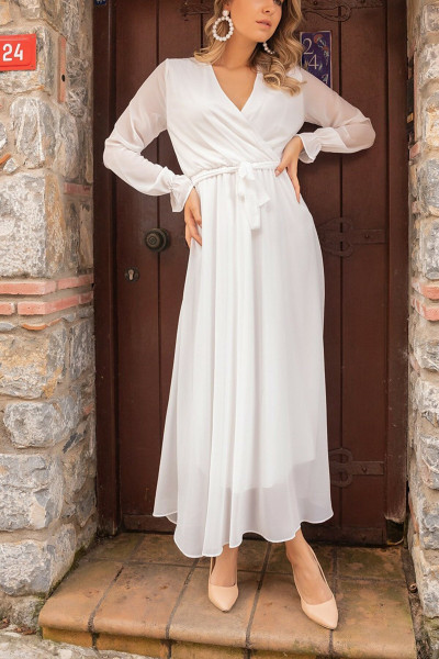 White long wrap collar envelope chiffon plus size dress TB1490
