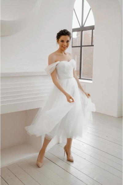 White midi-length wedding dress & evening gown TB1506 White midi-length wedding dress & evening gown TB1506