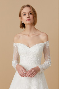 Long-sleeved lace embellished off-shoulder ball gown wedding dress TB1437