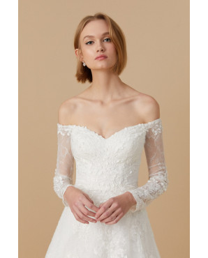 Long-sleeved lace embellished off-shoulder ball gown wedding dress TB1437