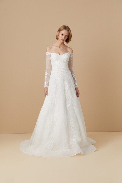 Long-sleeved lace embellished off-shoulder ball gown wedding dress TB1437