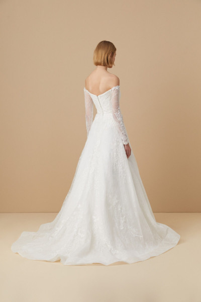 Long-sleeved lace embellished off-shoulder ball gown wedding dress TB1437