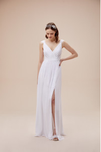White silk wedding dress, sleeveless, draped, sash cut TB1376
