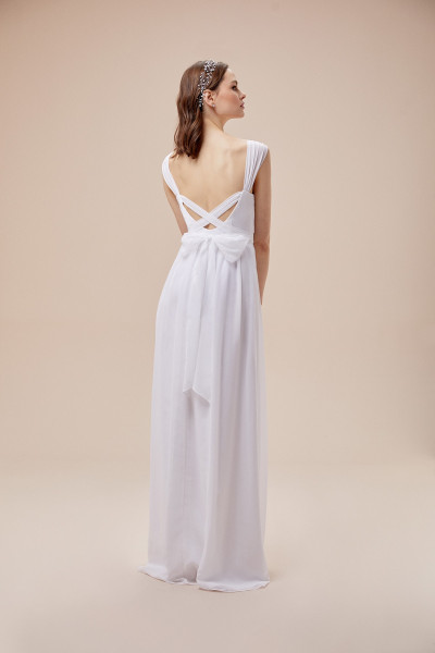 White silk wedding dress, sleeveless, draped, sash cut TB1376