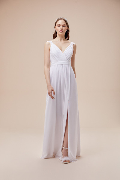White silk wedding dress, sleeveless, draped, sash cut TB1376