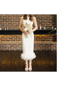 Midi evening dress with feathered oris details TB1515