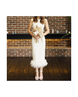 Midi evening dress with feathered oris details TB1515