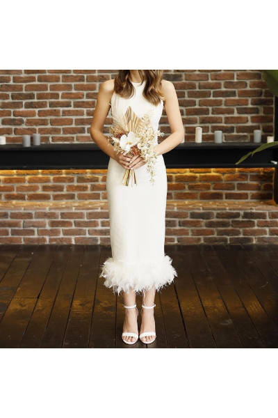Midi evening dress with feathered oris details TB1515 Midi evening dress with feathered oris details TB1515