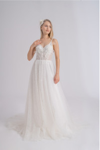 Lace feather-detailed sparkling wedding dress TB1432