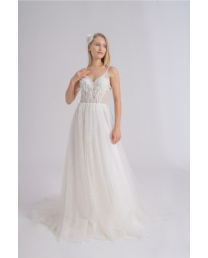 Lace feather-detailed sparkling wedding dress TB1432