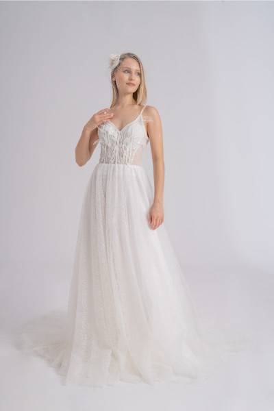 Lace feather-detailed sparkling wedding dress TB1432 Lace feather-detailed sparkling wedding dress TB1432