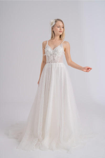 Lace feather-detailed sparkling wedding dress TB1432