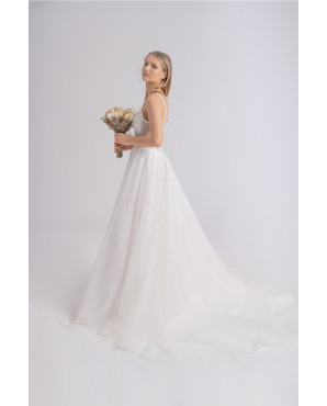 Lace feather-detailed sparkling wedding dress TB1432