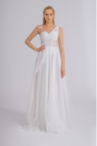 White evening gown with draped details and sequins, model TB1530