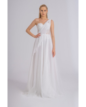White evening gown with draped details and sequins, model TB1530