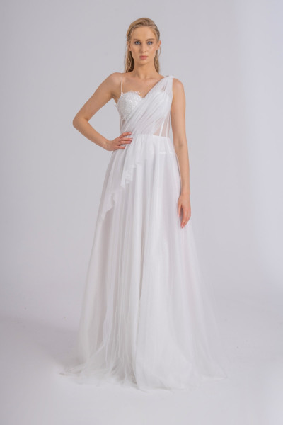 White evening gown with draped details and sequins, model TB1530 White evening gown with draped details and sequins, model TB1530