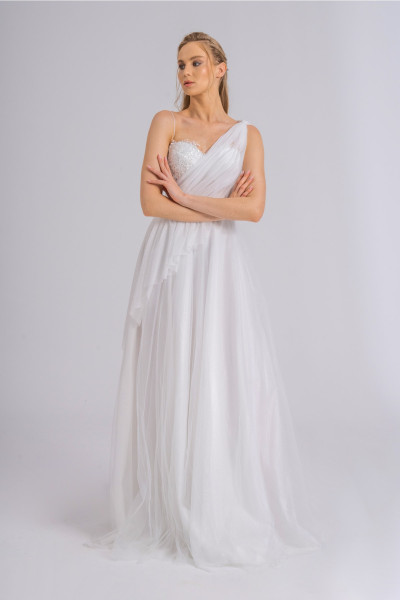 White evening gown with draped details and sequins, model TB1530