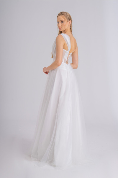 White evening gown with draped details and sequins, model TB1530