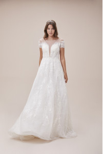 Wedding dress with lace sleeves, illusion neckline, and ball gown style TB1434