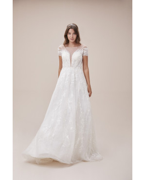 Wedding dress with lace sleeves, illusion neckline, and ball gown style TB1434
