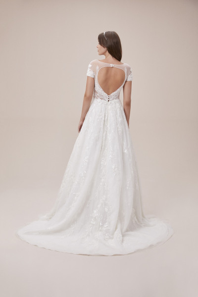 Wedding dress with lace sleeves, illusion neckline, and ball gown style TB1434