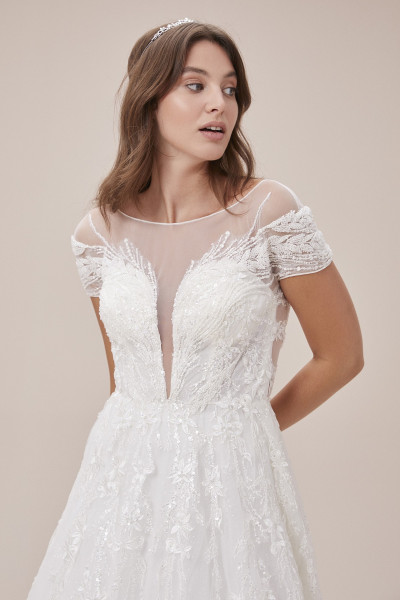 Wedding dress with lace sleeves, illusion neckline, and ball gown style TB1434