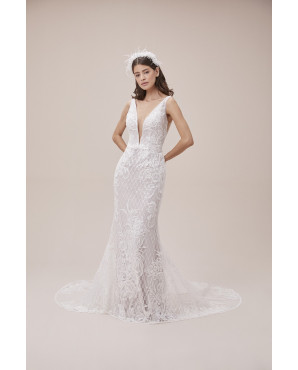 Lace embellished, strappy back, low-cut bridal dress TB1436