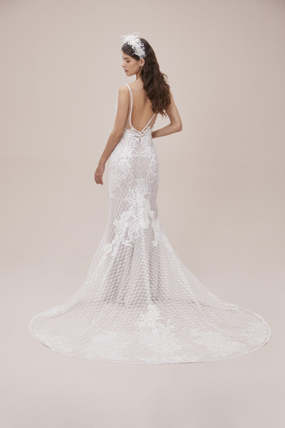 Lace embellished, strappy back, low-cut bridal dress TB1436