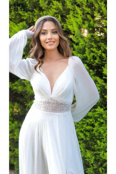 Long-sleeved white chiffon wedding dress with lace accents TB1527 Long-sleeved white chiffon wedding dress with lace accents TB1527