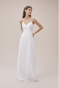Fine lace spaghetti strap wedding dress with bow details TB1383
