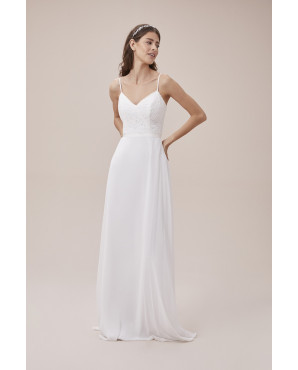 Fine lace spaghetti strap wedding dress with bow details TB1383