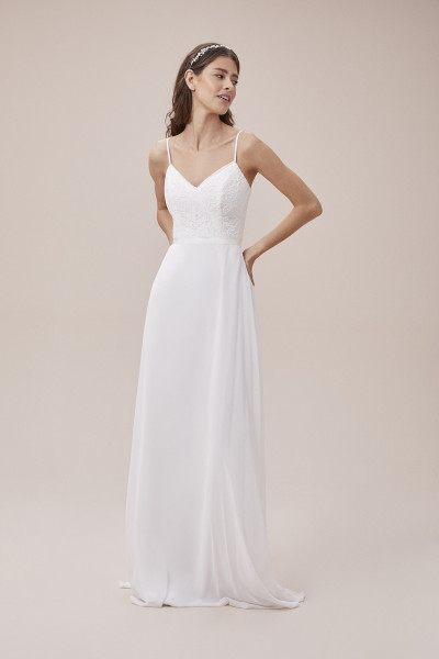 Fine lace spaghetti strap wedding dress with bow details TB1383 Fine lace spaghetti strap wedding dress with bow details TB1383